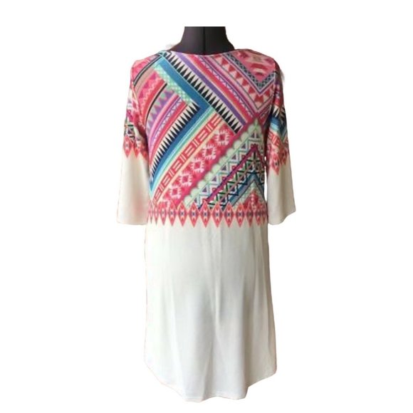 12PM by Mon Ami Dress White Multi-Color Tribal Print Scoop-Neck 3/4-Sleeve M - Picture 5 of 7